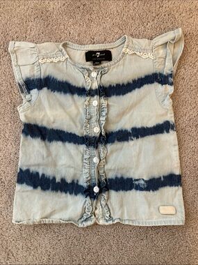 7 For All Mankind Girls Light Blue and Navy Tie-Dye Ruffle Button Top